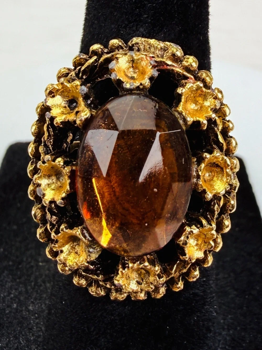Vintage goldtone, colored bling size 6 adjustable statement ring